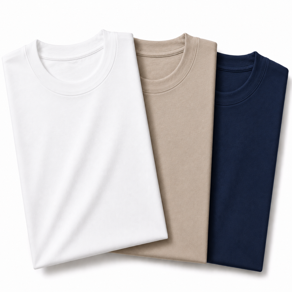 Pack of 3 Essential White/Navy Blue/Stone Beige